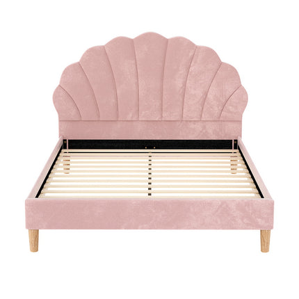 Artiss Bed Frame Double Size Scallop-Shape Bedhead Beds Base Pink Velvet Fabric.