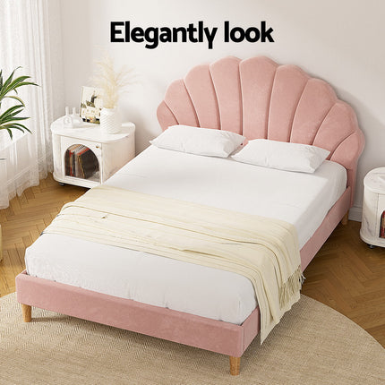 Artiss Bed Frame Double Size Scallop-Shape Bedhead Beds Base Pink Velvet Fabric.