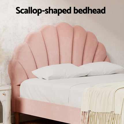 Artiss Bed Frame Double Size Scallop-Shape Bedhead Beds Base Pink Velvet Fabric.