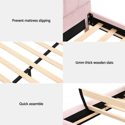 Artiss Bed Frame Double Size Scallop-Shape Bedhead Beds Base Pink Velvet Fabric.