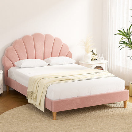 Artiss Bed Frame Double Size Scallop-Shape Bedhead Beds Base Pink Velvet Fabric.