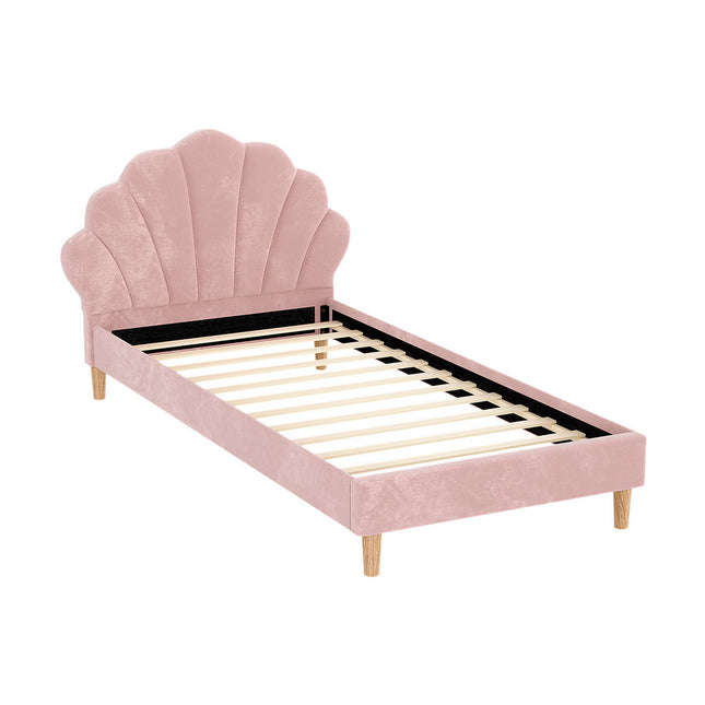 Artiss Bed Frame King Single Size Scallop-Shape Bedhead Beds Base Pink Velvet Fabric.