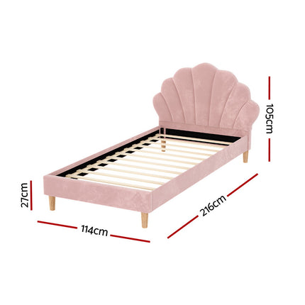 Artiss Bed Frame King Single Size Scallop-Shape Bedhead Beds Base Pink Velvet Fabric.
