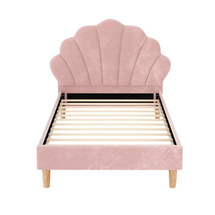 Artiss Bed Frame King Single Size Scallop-Shape Bedhead Beds Base Pink Velvet Fabric.