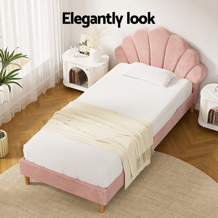Artiss Bed Frame King Single Size Scallop-Shape Bedhead Beds Base Pink Velvet Fabric.