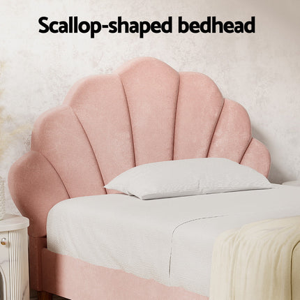 Artiss Bed Frame King Single Size Scallop-Shape Bedhead Beds Base Pink Velvet Fabric.