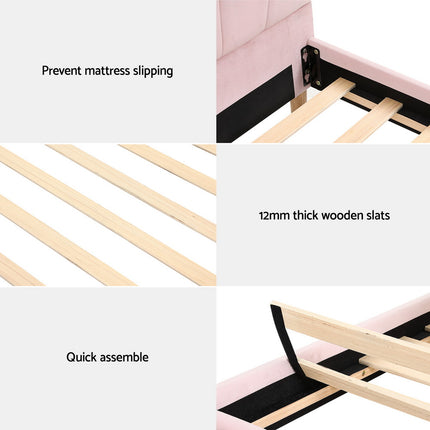 Artiss Bed Frame King Single Size Scallop-Shape Bedhead Beds Base Pink Velvet Fabric.
