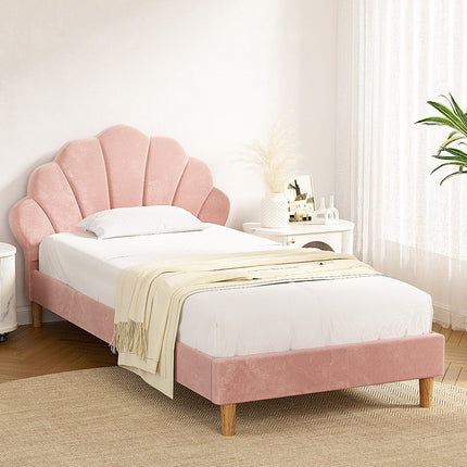 Artiss Bed Frame King Single Size Scallop-Shape Bedhead Beds Base Pink Velvet Fabric.