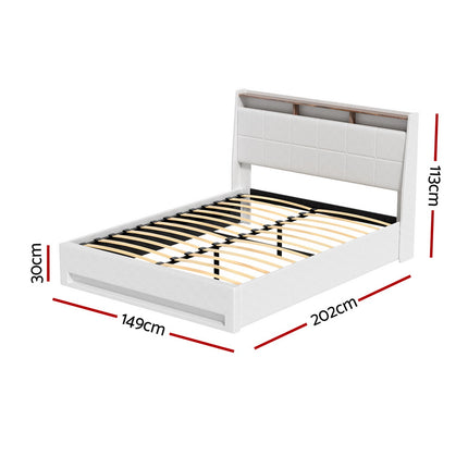 Artiss Bed Frame Gas Lift LED Beds Base Platform White PVC Leather Storage Headboard - Double.