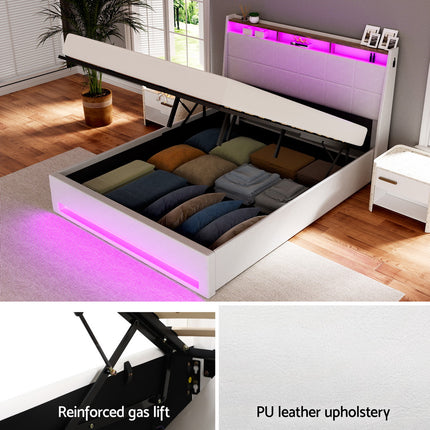 Artiss Bed Frame Gas Lift LED Beds Base Platform White PVC Leather Storage Headboard - Double.