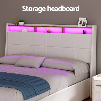 Artiss Bed Frame Gas Lift LED Beds Base Platform White PVC Leather Storage Headboard - Double.