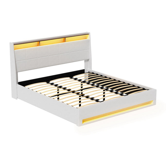 Artiss Bed Frame Gas Lift LED Beds Base Platform White PVC Leather Storage Headboard - King.