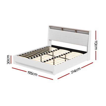 Artiss Bed Frame Gas Lift LED Beds Base Platform White PVC Leather Storage Headboard - King.