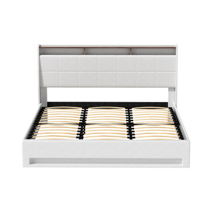 Artiss Bed Frame Gas Lift LED Beds Base Platform White PVC Leather Storage Headboard - King.