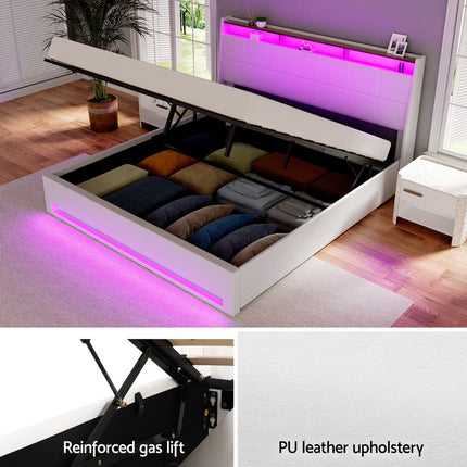 Artiss Bed Frame Gas Lift LED Beds Base Platform White PVC Leather Storage Headboard - King.