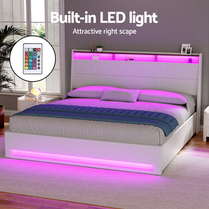 Artiss Bed Frame Gas Lift LED Beds Base Platform White PVC Leather Storage Headboard - King.