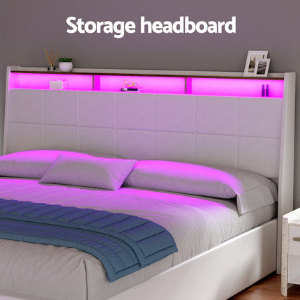 Artiss Bed Frame Gas Lift LED Beds Base Platform White PVC Leather Storage Headboard - King.