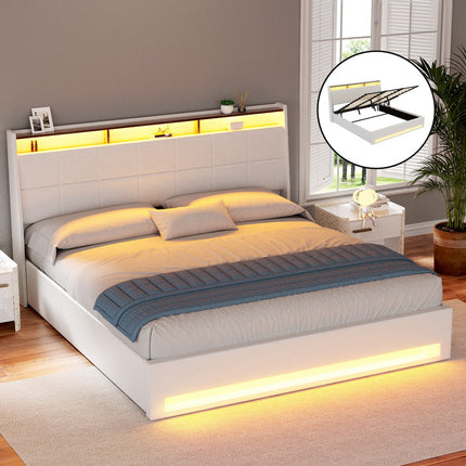 Artiss Bed Frame Gas Lift LED Beds Base Platform White PVC Leather Storage Headboard - King.