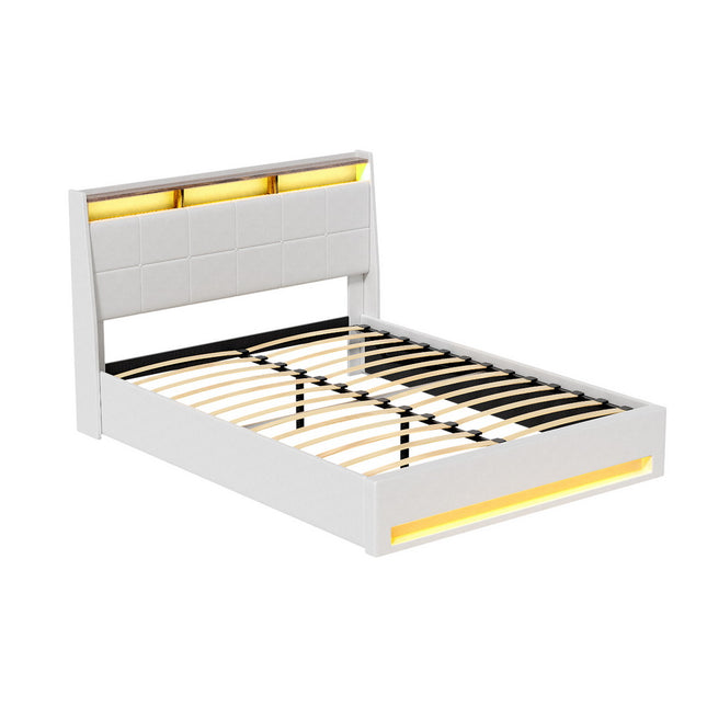 Artiss Bed Frame Gas Lift LED Beds Base Platform White PVC Leather Storage Headboard - Queen.