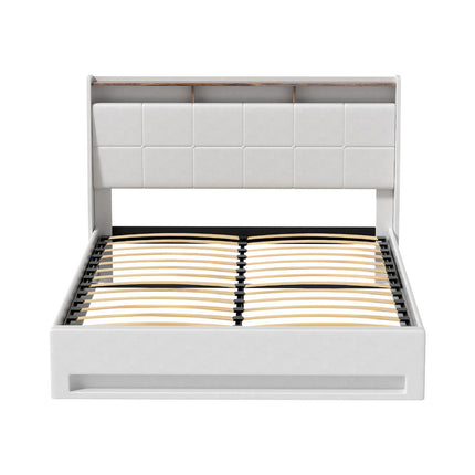 Artiss Bed Frame Gas Lift LED Beds Base Platform White PVC Leather Storage Headboard - Queen.