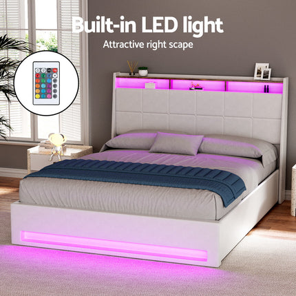 Artiss Bed Frame Gas Lift LED Beds Base Platform White PVC Leather Storage Headboard - Queen.