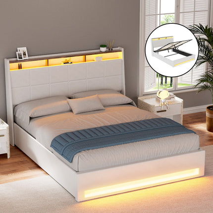 Artiss Bed Frame Gas Lift LED Beds Base Platform White PVC Leather Storage Headboard - Queen.
