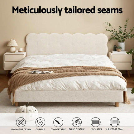 Artiss Double Bed Frame Cloud Headboard Boucle Fabric Mattress Platform Base White.
