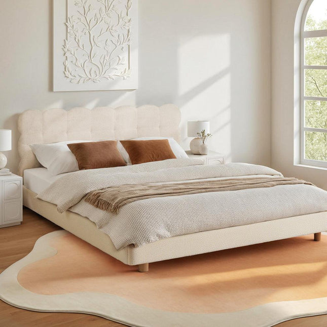 Artiss Double Bed Frame Cloud Headboard Boucle Fabric Mattress Platform Base White.