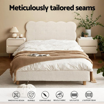 Artiss King Single Bed Frame Cloud Headboard Boucle Fabric Mattress Platform Base White.