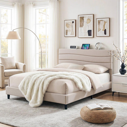 Artiss Queen Bed Frame with Storage Adjustable Headboard Platform Base Linen Fabric Charging Ports.