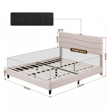 Artiss Queen Bed Frame with Storage Adjustable Headboard Platform Base Linen Fabric Charging Ports.