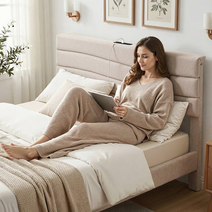 Artiss Queen Bed Frame with Storage Adjustable Headboard Platform Base Linen Fabric Charging Ports.