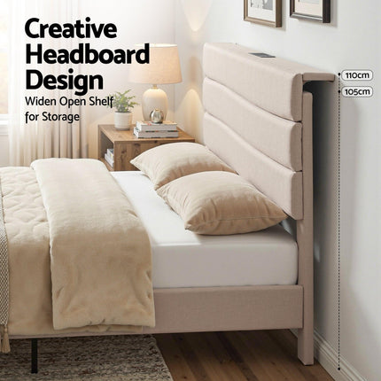 Artiss Queen Bed Frame with Storage Adjustable Headboard Platform Base Linen Fabric Charging Ports.