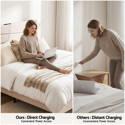 Artiss Queen Bed Frame with Storage Adjustable Headboard Platform Base Linen Fabric Charging Ports.