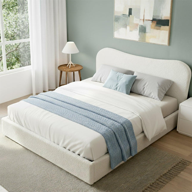 Artiss Double Bed Frame with Gaslift Storage Wooden Platform Mattress Base Boucle Upholstered White.