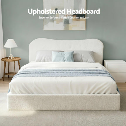Artiss Queen Bed Frame with Gaslift Storage Wooden Platform Mattress Base Boucle Upholstered White.