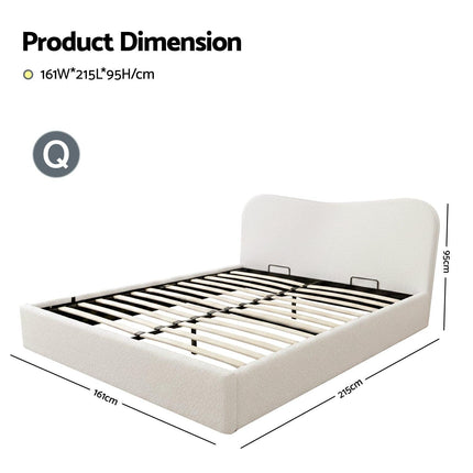 Artiss Queen Bed Frame with Gaslift Storage Wooden Platform Mattress Base Boucle Upholstered White.