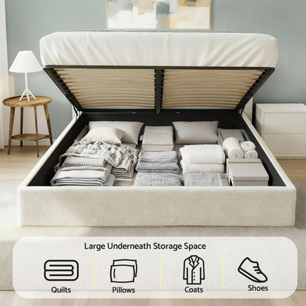 Artiss Queen Bed Frame with Gaslift Storage Wooden Platform Mattress Base Boucle Upholstered White.