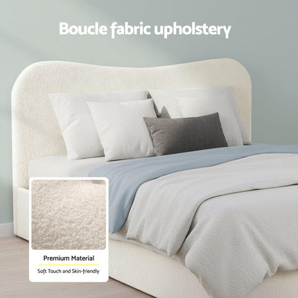 Artiss Queen Bed Frame with Gaslift Storage Wooden Platform Mattress Base Boucle Upholstered White.