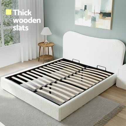 Artiss Queen Bed Frame with Gaslift Storage Wooden Platform Mattress Base Boucle Upholstered White.