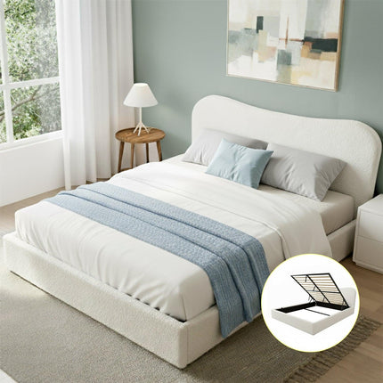 Artiss Queen Bed Frame with Gaslift Storage Wooden Platform Mattress Base Boucle Upholstered White.