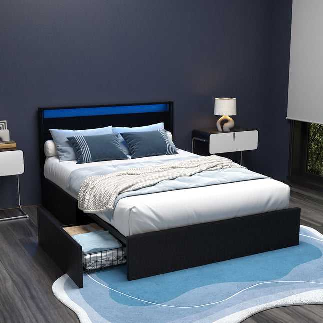 Artiss Bed Frame Double Size LED with 4 Drawers Black DUNN.