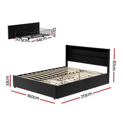 Artiss Bed Frame Queen Size LED with 4 Drawers Black DUNN.