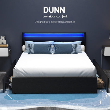 Artiss Bed Frame Queen Size LED with 4 Drawers Black DUNN.
