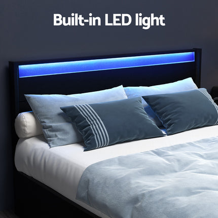 Artiss Bed Frame Queen Size LED with 4 Drawers Black DUNN.