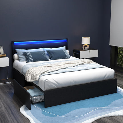 Artiss Bed Frame Queen Size LED with 4 Drawers Black DUNN.