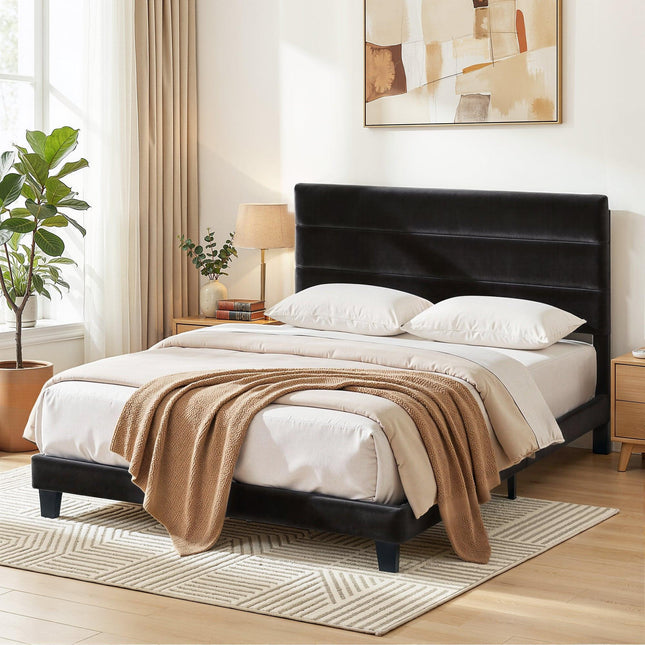 Artiss Double Bed Frame Upholstered Platform Base with Geometric Headboard Black Velvet.