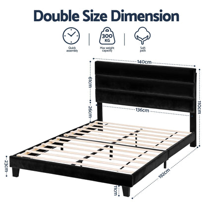 Artiss Double Bed Frame Upholstered Platform Base with Geometric Headboard Black Velvet.