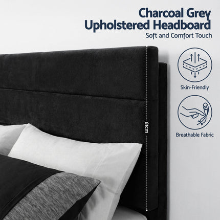 Artiss Double Bed Frame Upholstered Platform Base with Geometric Headboard Black Velvet.