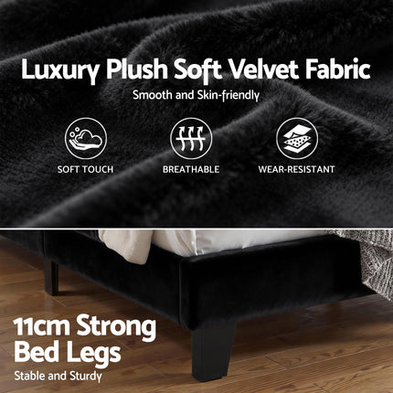 Artiss Double Bed Frame Upholstered Platform Base with Geometric Headboard Black Velvet.